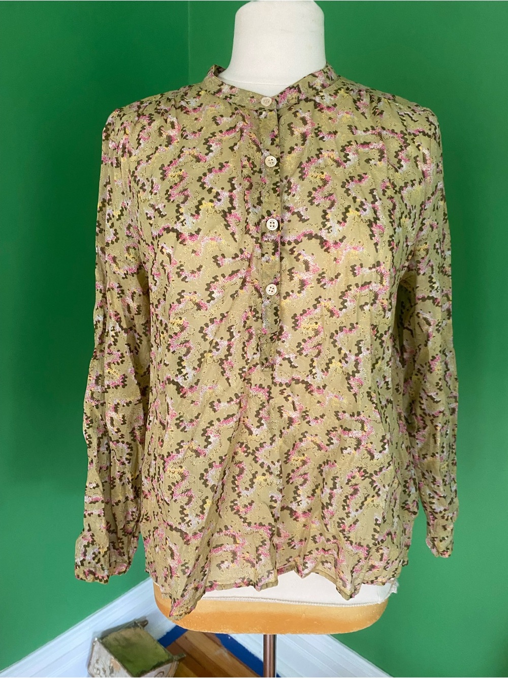 Isabel Marant Etoile Light Olive Printed Button-Front floral Blouse